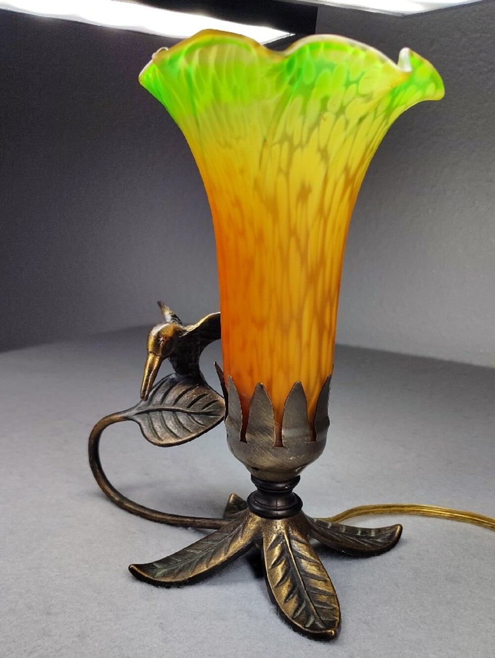 Vintage Floral Glass Pendant Lamp - Amber to Green Shade W/Hummingbird - Picture 3 of 16